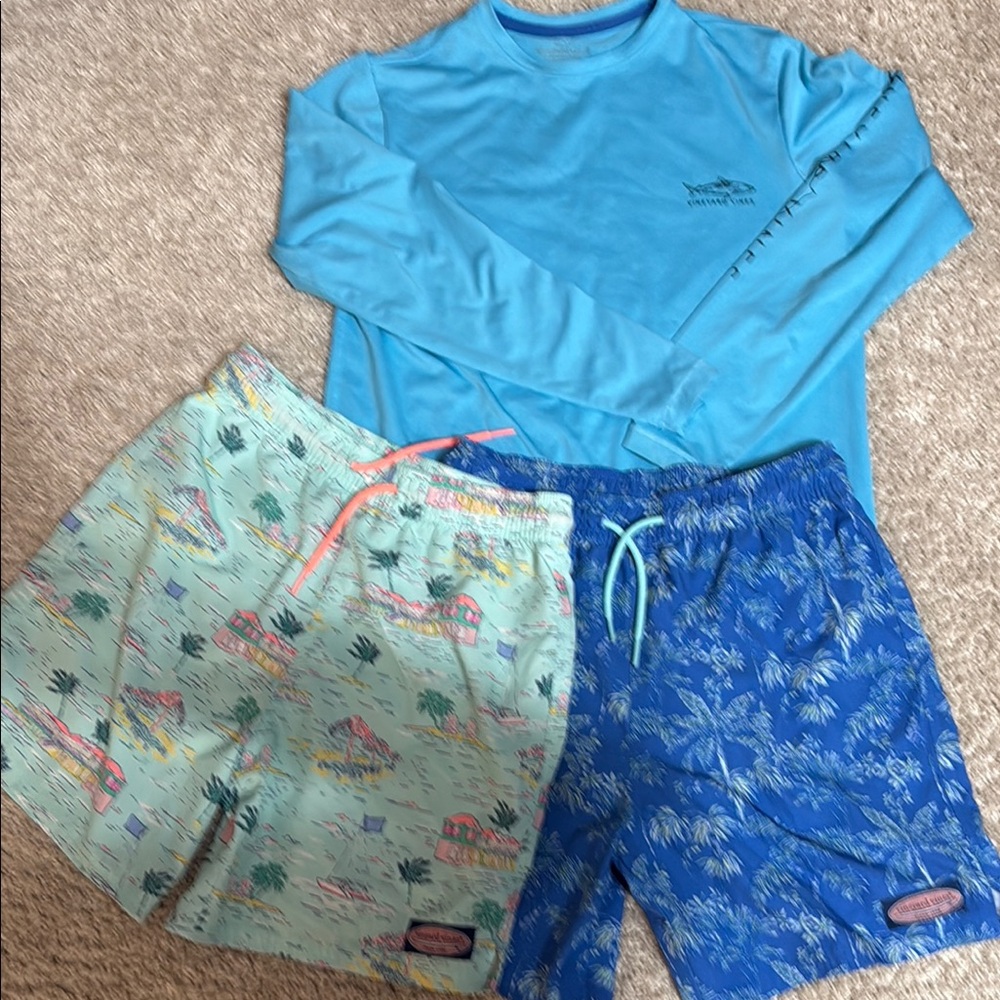 Blue Long Sleeve Shirt and Two Printed Swim Shorts